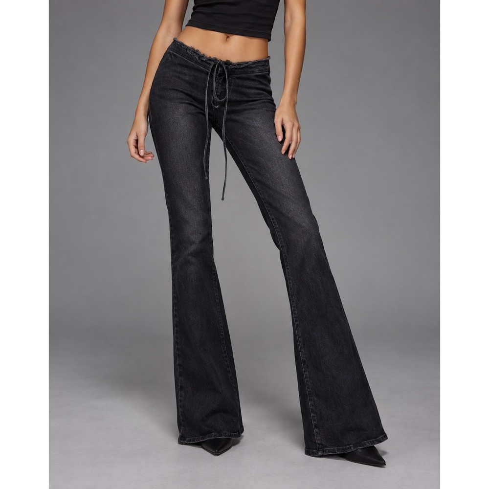 I.AM.GIA Black Flare Jeans Lace Up Front Frayed Waistband Bell Bottoms Size M